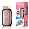 Vozol Strawberry Watermelon disposable vape device next to its retail packaging box, featuring a metallic rose gold body with a black base and a pink mouthpiece.