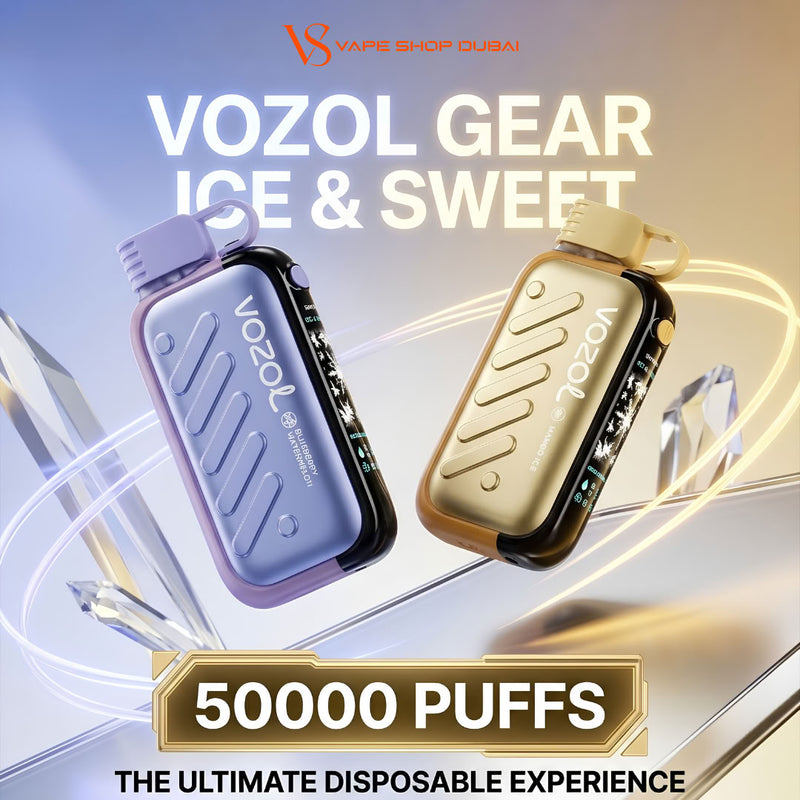 Two Vozol disposable vape devices floating in a stylized promotional graphic. One is lavender-purple with a black side, and the other is metallic gold with a black side.