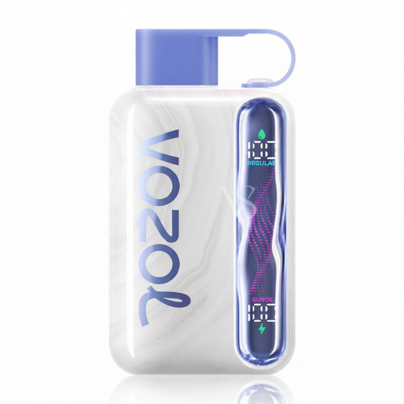 Vozol Vozol+ vape pen device in a white marble-patterned case with a blue mouthpiece and a digital display screen showing purple and blue graphics.