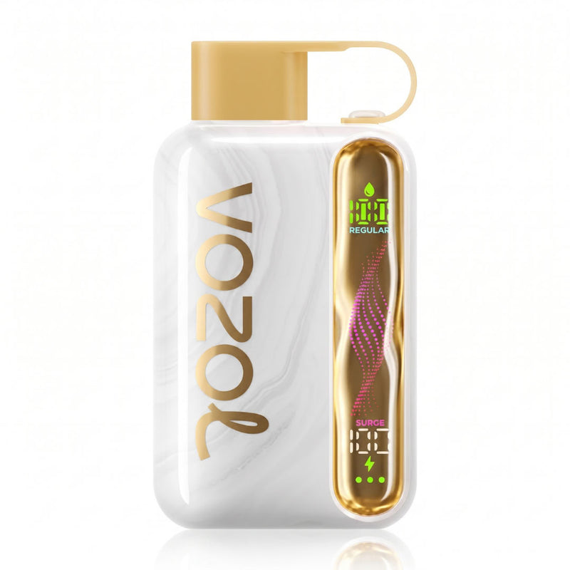 Vozol Regular vape pen in a white marble-patterned case with a gold mouthpiece and a gold side panel showing green and pink details.