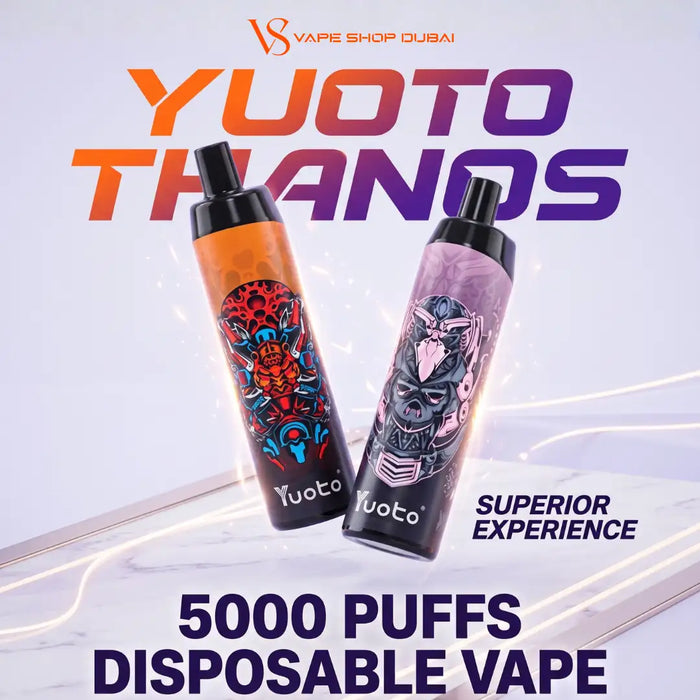 Two Yuoto disposable vape devices with colorful graphic designs, displayed against a light background with promotional text reading 'Yuoto Thanos' and '5000 PUFFS DISPOSABLE VAPE'.